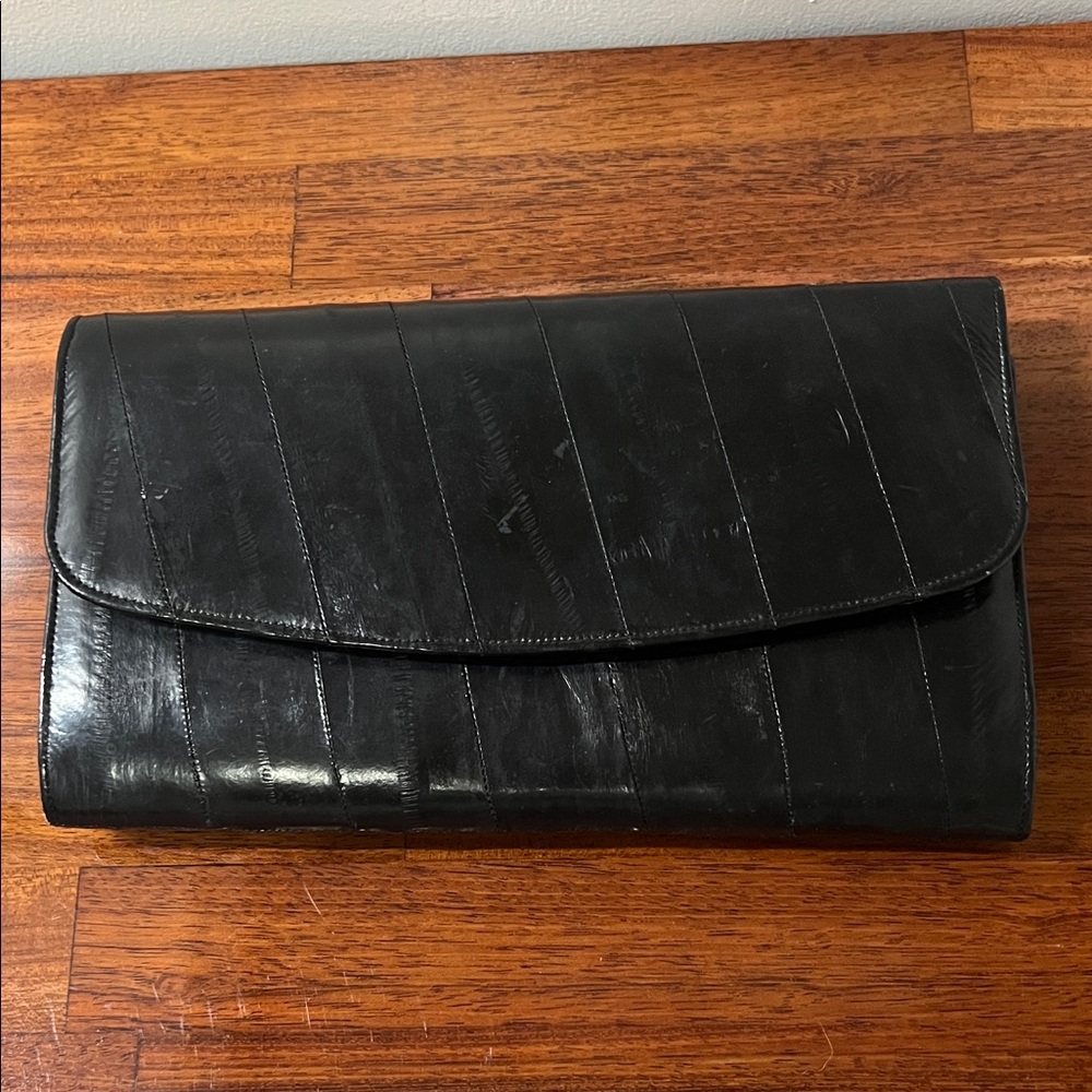 Black Leather Fold-Over Clutch